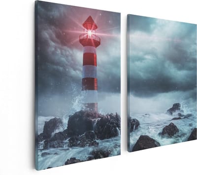 Artaza Canvas Schilderij Tweeluik Vuurtoren tijdens een Storm - 80x60 - Foto Op Canvas - Canvas Print