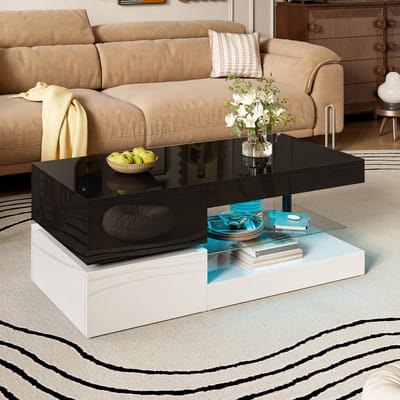 REDOM Salontafel met LED-ambiance, APP & Bluetooth, 16 kleuren, hoogglans zwart-wit, gehard glas, 90×45×35,5 cm