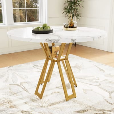Ronde Eettafel - Keukentafel - 100 x 100 x 76 cm - Eettafel Voor 4-6 - Eettafel met Metalen Onderstel - Geschikt voor restaurants en woonkamers - Goudkleurig