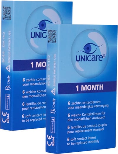 Unicare Zachte Maandlenzen - 12 stuks - Sterkte -1.00 - Hioxifilcon A - 57% water - Voor gevoelige ogen