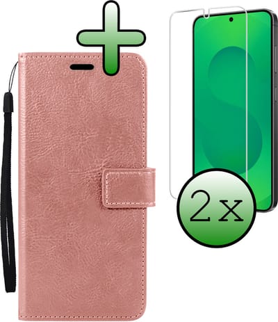 Hoesje Met 2x Screenprotector - Geschikt voor Samsung Galaxy S25 - Luxe Pasjeshouder - Bookcase Portemonee - Flip Case - Kunstleer Book Case - Flipcase Hoes - Book Cover - Walletcase - Portemonneehoes - Rosé goud