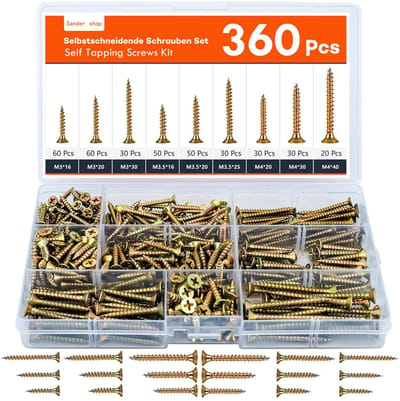 Schroevenset, 360 stuks houtschroeven, zelftappende schroeven met verzonken kop, assortiment houtschroeven met opbergdoos voor doe-het-zelfprojecten, reparatie