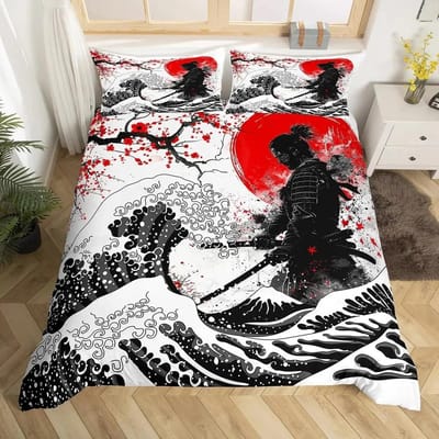 Japanse Samurai Beddengoed Set Queen King Size Kersengebladeren Rode Zon Hokusai Dekbedovertrek Fuji Berg Dekbed Dekbedovertrek US Queen(228*228cm)3pcs