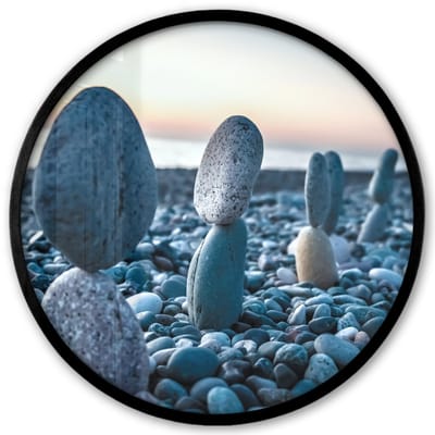 Poster in lijst Rond - Fotolijst 40x40 cm - Posters - Zen stenen - Zonsondergang - Zee - Ronde posterlijst zwart - Decoratie - Wanddecoratie woonkamer - Muurdecoratie slaapkamer