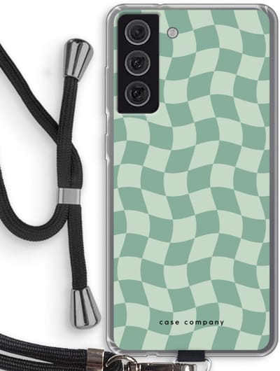 Case Company® - Hoesje met koord geschikt voor Samsung Galaxy S21 FE hoesje met Koord - Grid Groen - Telefoonhoesje met Zwart Koord - Bescherming aan alle Kanten en Over de Schermrand