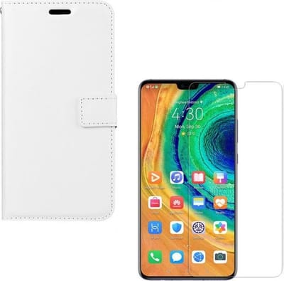 hoesje Geschikt voor: Huawei Mate 30 Pro Portemonnee Wit met 2 stuks Glas Screen protector