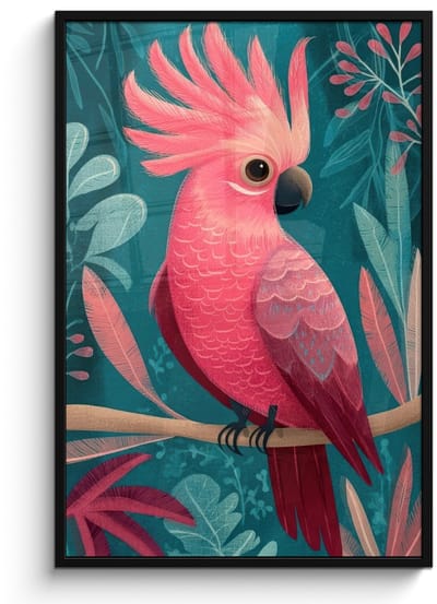 Poster in lijst - Fotolijst 80x120 cm - Posters - Kaketoe - Tropische bladeren - Tak - Posterlijst zwart - Decoratie - Wanddecoratie woonkamer - Muurdecoratie slaapkamer