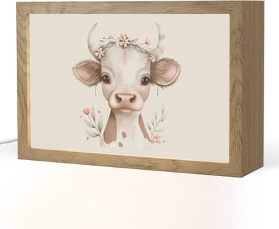 Nachtlampje 30x20 cm - Kinder lampje - Koe - Bohemian - Kalfje - Bloemen - Tafellamp kinderkamer - Slaapkamer lamp - Bedlamp kinderen - Kinderlampje stopcontact - Wandlamp babykamer - Nachtlampjes