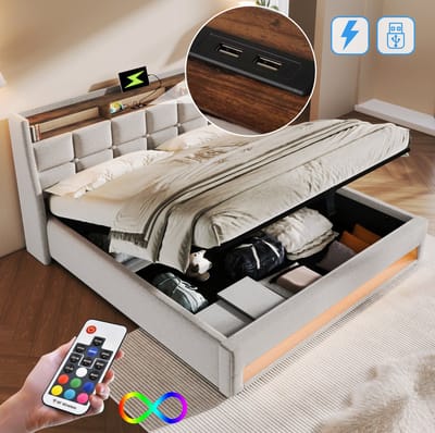 Gestoffeerd Bed 180x200 cm - Tweepersoonsbed Met USB En LED Verlichting - Met Opbergruimte - Zonder Matras - Stof En Metaal - Beige