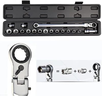 Steeksleutelset Ratel - Dopsleutelset Doorvoer - Bouten Aandraaien - 72-Tands Mechanisme - 17 Delig - Zwart