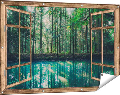Gards Tuinposter Doorkijk Bos bij een Groen Meer - 120x80 cm - Tuindoek - Tuindecoratie - Wanddecoratie buiten - Tuinschilderij