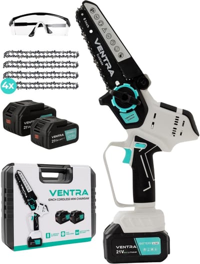 VENTRA® - Mini Kettingzaag - Heggenschaar 21V Accu - Handkettingzaag - Snoeizaag - Takkenzaag - 3000mAh - Inclusief 2 Accu's en 4 Kettingen en Veiligheidsbril