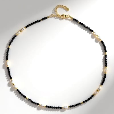 Cavill - Elegante Zilveren Halsketting - 925 Sterling Zilver Verguld - Witte Zoetwaterparels 33,24 ct - Zwarte Spinellen & Gouden Hematiet - 45-50 cm