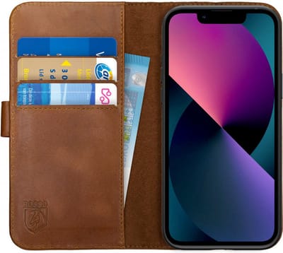 Rosso Deluxe Echt Leer Book Case Hoesje Geschikt voor Apple iPhone 13 Mini | Ruimte voor drie pasjes | Portemonnee Book Case | Met Pasjeshouder | Bruin