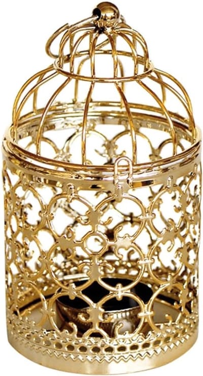 Vogelkooi Kandelaar - Hangende Kaarsenhouder - Romantische Sfeer - Holle Bloem Design - 8x8x14 cm - Goud