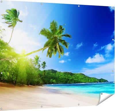 Gards Tuinposter Strand tijdens Zonsondergang in Seychellen - 150x120 cm - Tuindoek - Tuindecoratie - Wanddecoratie buiten - Tuinschilderij