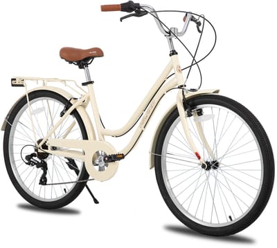 Hiland Breeze Dames Commuter Stadsfiets - 26" - 7 Versnellingen - Handrem - Mand - Standaard - Beige - Geschikt voor buitenactiviteiten in de lente