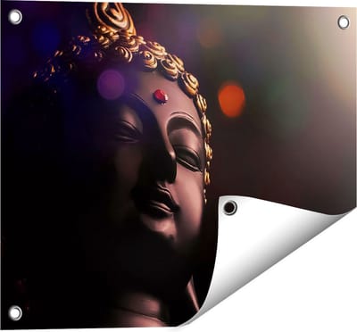 Gards Tuinposter Boeddha Beeld met Gouden Sierraden - 50x40 cm - Tuindoek - Tuindecoratie - Wanddecoratie buiten - Tuinschilderij