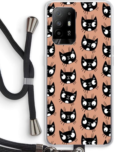 Case Company® - Hoesje met koord geschikt voor Oppo A94 5G hoesje met Koord - Kat - Telefoonhoesje met Zwart Koord - Bescherming aan alle Kanten en Over de Schermrand