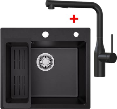 SOFETIY MAX Granieten Spoelbak Zwart / Antraciet (50*45cm) - Spoelbak Keuken Met Keukenkraan - Spoelbakken Keuken – Wasbak Keuken Met Waterafvoersysteem