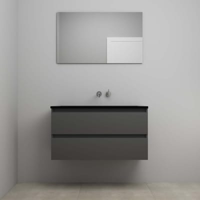 On-Line Badkamermeubelset - 100 cm - Voorgemonteerd - Ladestructuur - Acryl Wastafel - zonder Kraangat - Spiegel - Mat Antraciet