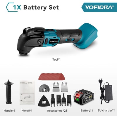 YOFIDRA Oscillerende Multifunctionele Tool 6 Versnellingen Variabele Snoerloze Houtbewerking Trimmer Snijgereedschap Voor Makita 18v Accu 1x 388VF Battery Set