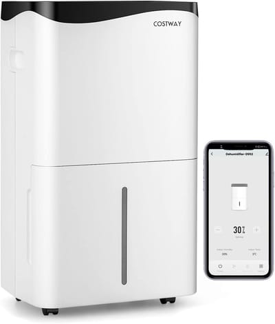 COSTWAY 50 l/dag bouwdroger, 4 modi, slimme luchtontvochtiger met 24-uurs timer & ventilator & slaapmodus, waterreservoir van 5 liter & afvoerslang, led-anzige, kamergrootte ca. 250 m³ (100 m²)