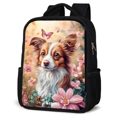 NoBoringSuitcases.com® - Rugzak zwart - Schooltas jongen & meisje - Hond in bloemenveld met vlinders - Rugtas voor school - Boekentas kind - Schoolrugzak - Kinderrugzak