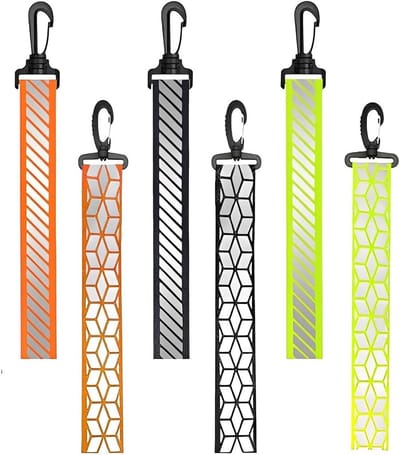 Reflecterende hangers voor rugzakken - 6 stuks polyester veiligheidshangers voor kinderen, hardlopen, fietsen en kinderwagens, hoge zichtbaarheid 's nachts, 19,5 x 2,5 cm, 3 kleuren beschikbaar