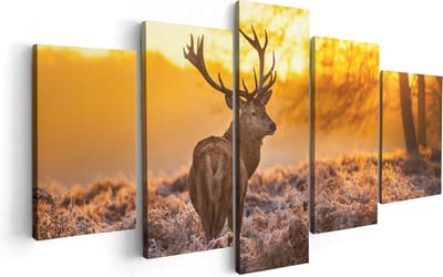 Artaza Canvas Schilderij Vijfluik Hert In Bos Tijdens De Zonsopkomst - 100x50 cm - Wanddecoratie Woonkamer - Schilderijen - Muurdecoratie