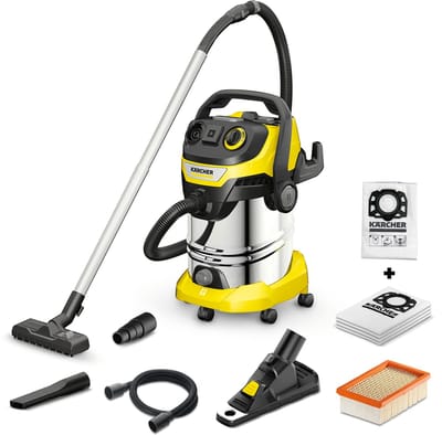 Kärcher WD 6 P S V-30/6/22T Renovation Set - Incl. boorstofopvanger + extra set vliesfilterzakken - 1300 W - 30 liter - GeÍntegreerd stopcontact - RVS zuigbuiszen - Afvoerschroef - RVS container - Vlakfilter