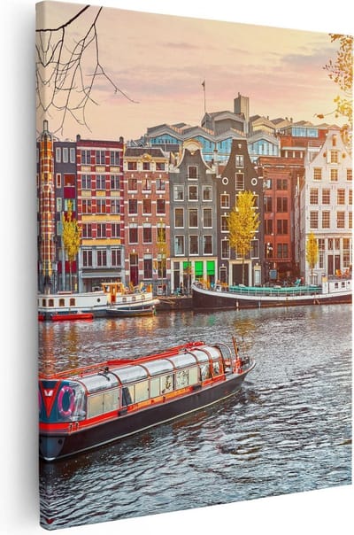 Artaza Canvas Schilderij Grachtenpand - 40x50 cm - Wanddecoratie Amsterdam - Muurdecoratie Rondvaartboot - Kamer Accessoires Zonsondergang