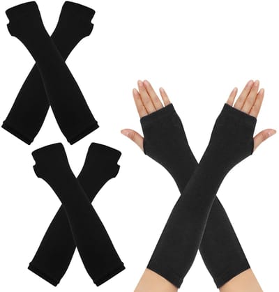 2 paar lange armwarmers, halve vingerloze handschoenen, thermo-gebreide vingerloze handschoenen voor dames en heren, warme winterhandschoenen met duimgat en rekbaar design