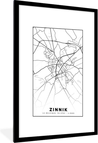 Fotolijst incl. Poster Zwart Wit- Zwart Wit – België – Plattegrond – Stadskaart – Kaart – Zinnik - 60x90 cm - Posterlijst