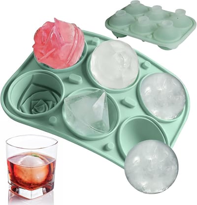 grote, ronde siliconen ijsblokjesvorm met deksel, bol Ø 5 cm, XXL, levensmiddelenkwaliteit, BPA-vrij, 6 rond/3 patronen, trechter-design voor cocktails, whiskey, sap, koffie