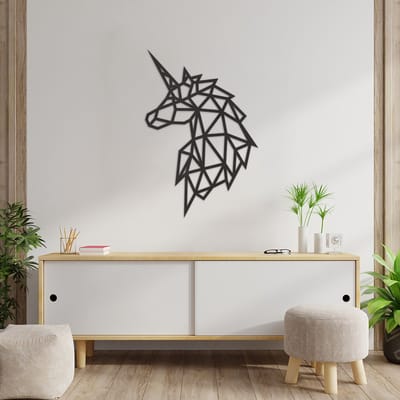 Geometrische Wanddecoratie Eenhoorn - Geometrische Muurdecoratie Eenhoorn - Geometrische Eenhoorn - Muurdecoratie Hout - Wanddecoratie Hout - Muurdecoratie Woonkamer - Wanddecoratie Woonkamer - Wanddecoratie Dieren - 89 x 54 cm