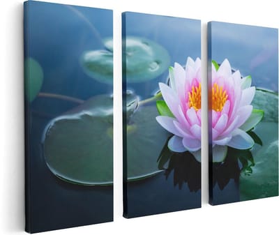 Artaza Canvas Schilderij Drieluik Roze Lotusbloem Met Waterlelies  - 120x80 - Foto Op Canvas - Canvas Print