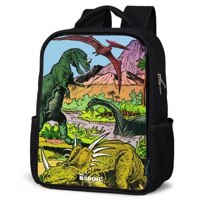 NoBoringSuitcases.com® - Rugzak zwart - Schooltas jongen & meisje - Dino's bij een vulkaan - Rugtas voor school - Boekentas kind - Schoolrugzak - Kinderrugzak
