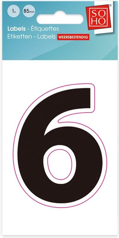 Plakcijfer - Nummer Sticker - 6 - Cadebo - Weerbestendig - 8,5 cm hoog, 6 cm breed, perfect formaat - Zwart
