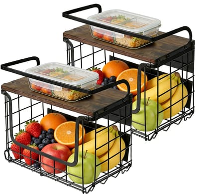 PIPIPOXER Magnetisch Keukenrek Hangend Houten Deksel -2 Stuks-Zelfklevend Wandrek -Kruidenrek Ophangbaar -Badkamer Rekje-Fruitmand Hangend- Keuken Organizer- 10kg Draagvermogen - Zwart