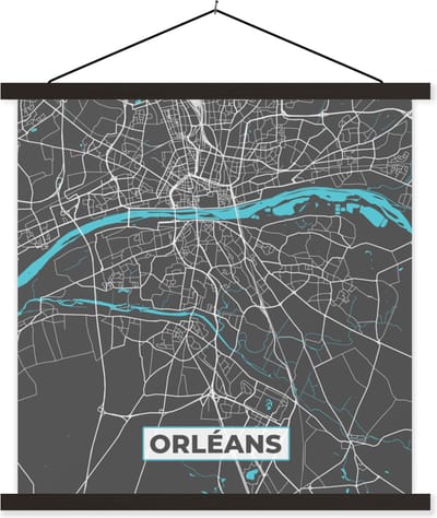 Posterhanger incl. Poster 60x60 cm - Schoolplaat - Orléans - Plattegrond - Kaart - Stadskaart - Frankrijk - Textielposter - Zwarte latten - Stadskaart