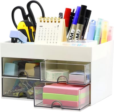 Multifunctionele Bureau Organizer met 4 Laden en Compartimenten, Ideaal als Pennenhouder voor Thuis en op School, Wit