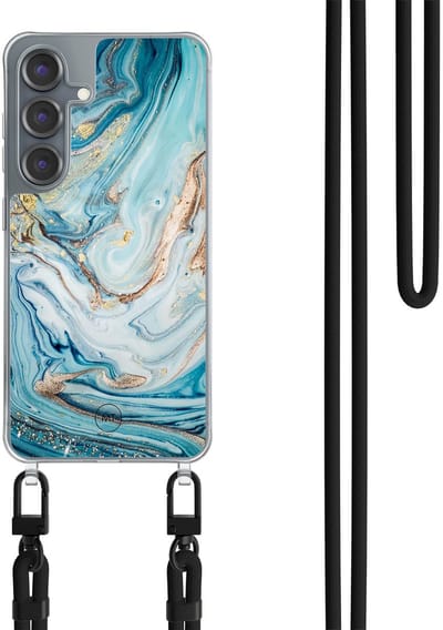 Hoesje met koord geschikt voor Samsung Galaxy S25 - Marmer blauw goud - Inclusief Zwart koord - Crossbody beschermhoes - Transparant, Blauw, Goud - Mooie Telefoonhoesjes