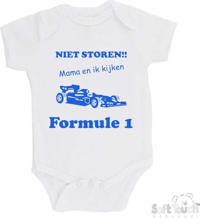 100% katoenen Romper "Niet storen!! Mama en ik kijken Formule 1" Jongens Katoen Wit/blauw Maat 56/62