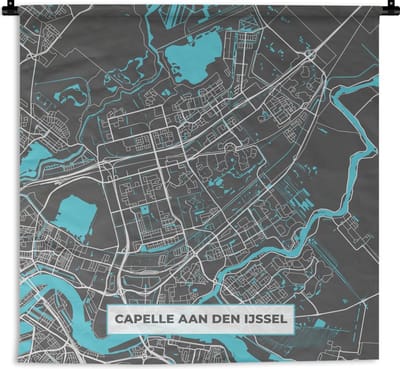 Wandkleed - Wanddoek - Stadskaart - Capelle aan den IJssel - Grijs - Blauw - 150x150 cm - Wandtapijt - Plattegrond
