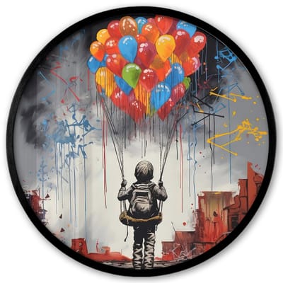 Poster in lijst Rond - Fotolijst 40x40 cm - Posters - Jongen - Ballonnen - Gebouwen - Kunst - Ronde posterlijst zwart - Decoratie - Wanddecoratie woonkamer - Muurdecoratie slaapkamer
