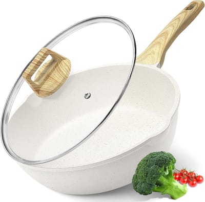 Koekenpan met hoge rand - Wokpan diepe pan - Allround koken - Gezonde antiaanbaklaag - 30 cm 5 liter - Wit