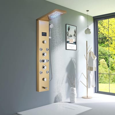 LED-douchekolom van roestvrij staal, multifunctionele hydromassagedouche, vaste straalpijp, regendouche met gouden temperatuurdisplay...