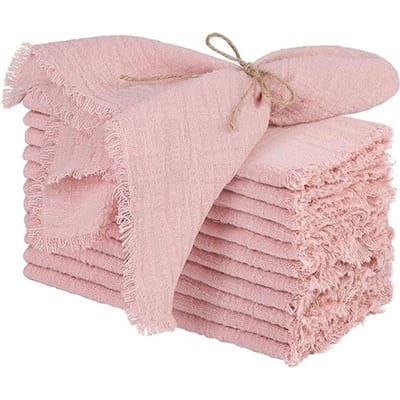 6 stuks 32x32cm 100% Katoen zacht beige Gaas C Bruiloft Servetten Herbruikbaar Blauwe Rand Keukendoek Rustiek Retro Ruwe randen servetten Voor Diner, Feest, Bruiloften 6PCS-32x32cm roze