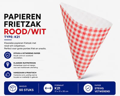 Papieren Frietzakken K21 - 50 Stuks - Witte Puntzakken - Vetwerend Kraftpapier - Voor Friet, Snacks, Snackbar & Horeca | Propacker